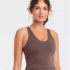 All In Motion Taupe Ribbed Flex Light Support V Neck Longline Bra Tank Small